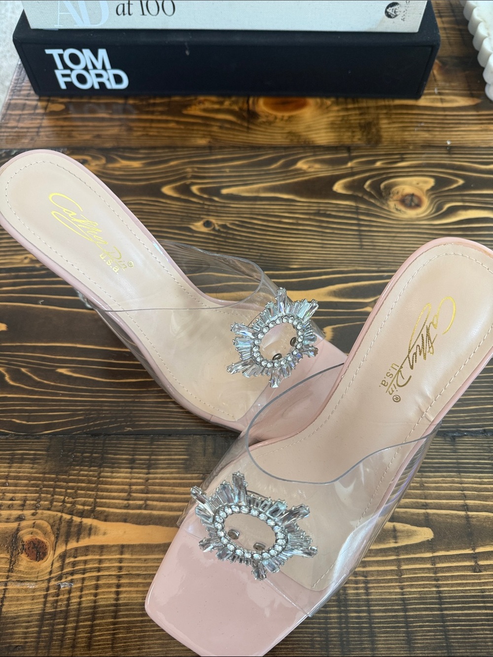 Cathy Din USA Clear Slide Sandals with Crystal Accent